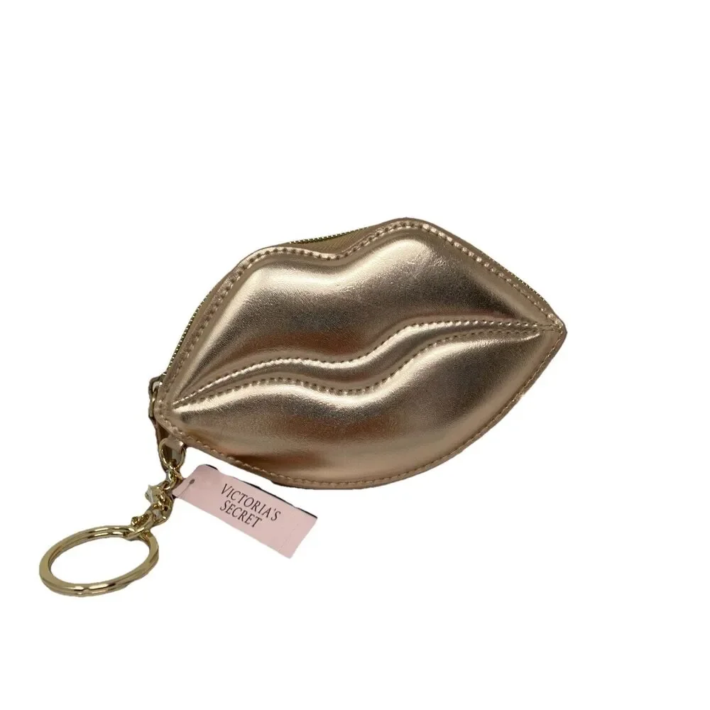Victoria’s Secret Pucker Lip Shaped Coin Purse Keychain Gold Metallic Zip Pouch - Picture 7 of 7